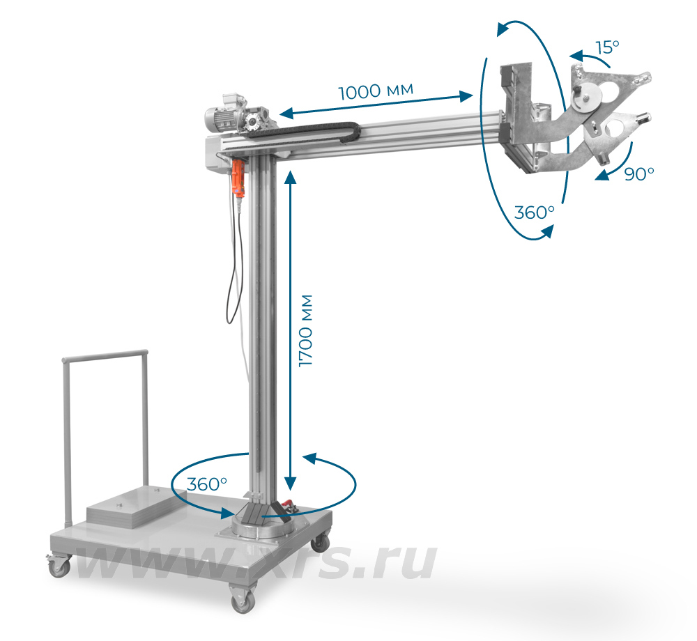 Степени свободы штатив-манипулятора АРИОН ШСУ-2У в исполнении для рентгеновского аппарата РАП 300-5. Стрела удлинена до 1 м по желанию заказчика
