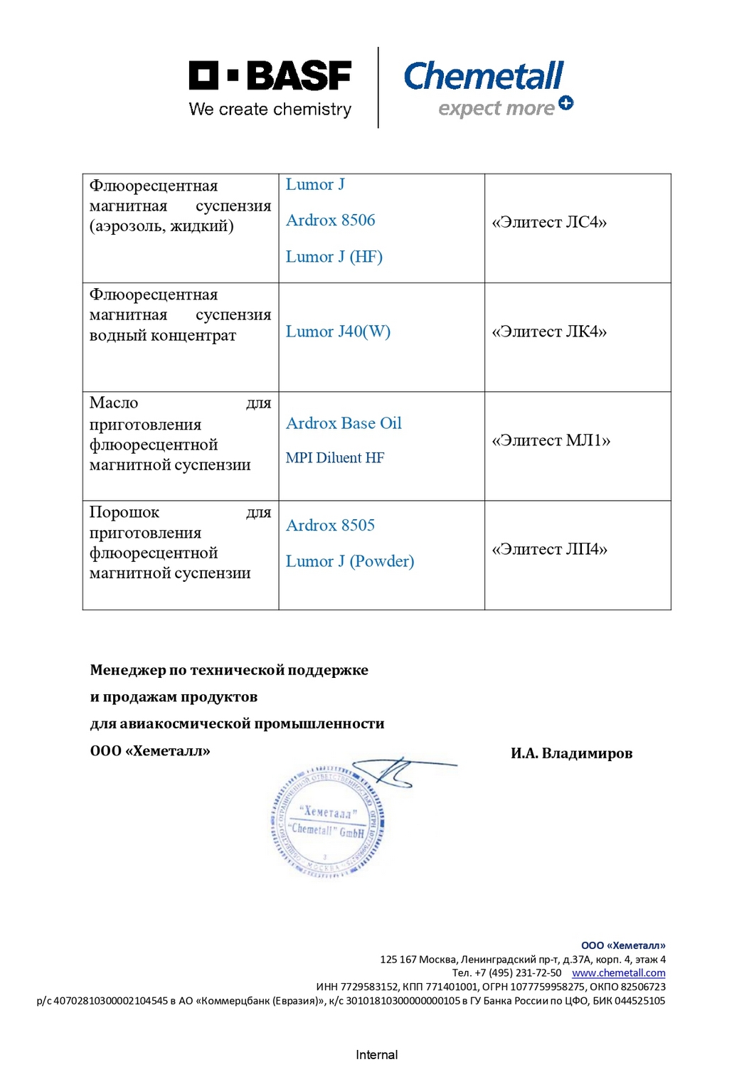 Chemetall—Элитест, письмо о соответствии, стр. 3